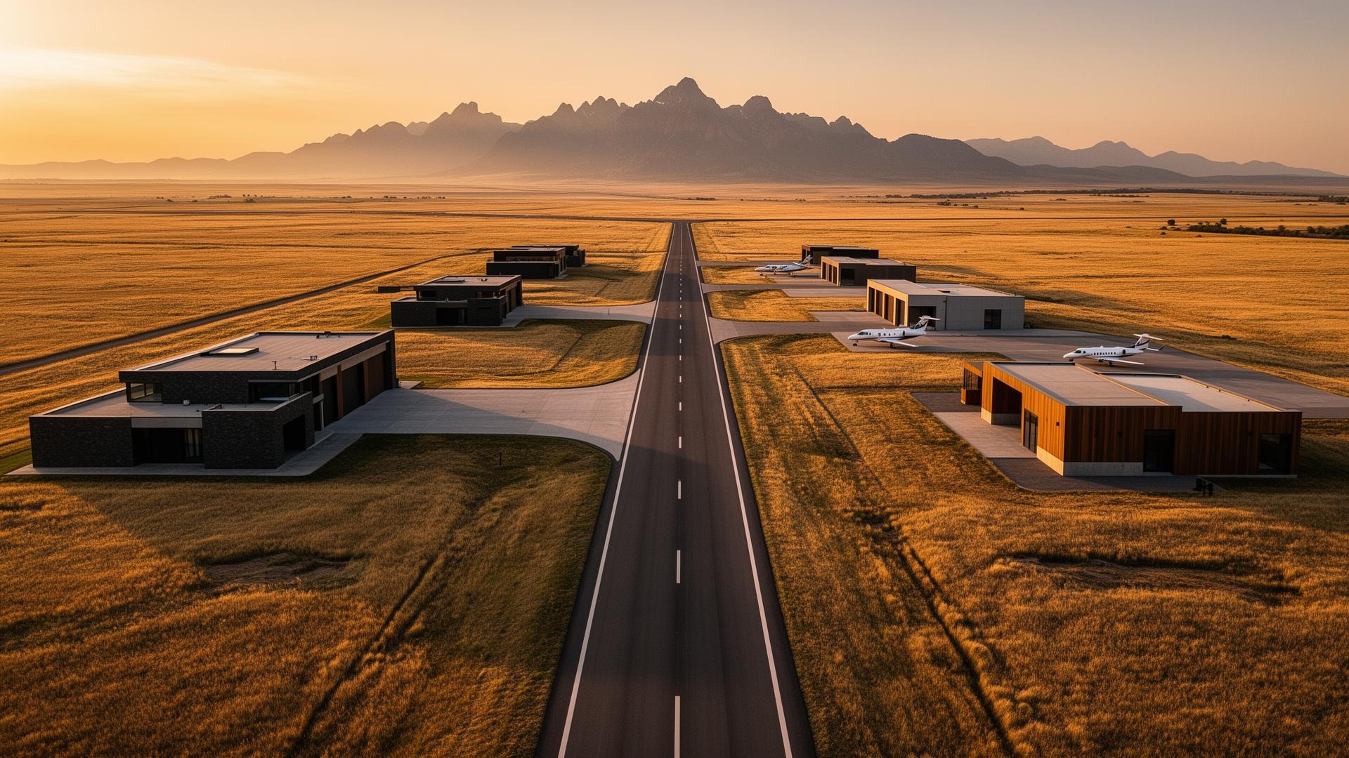 Aerial view of a private airpark community at sunset in Southeast Colorado