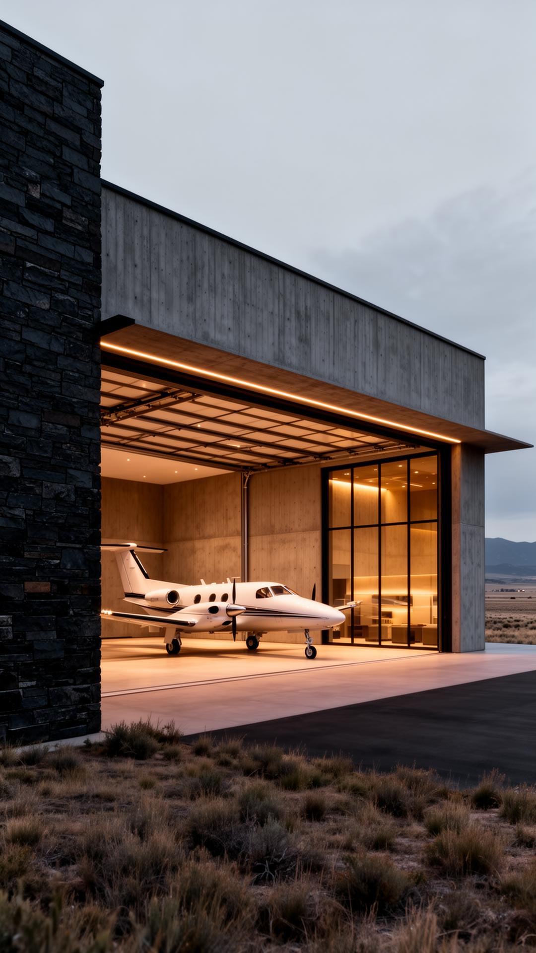 Modern luxury hangar home at dusk with private turboprop inside